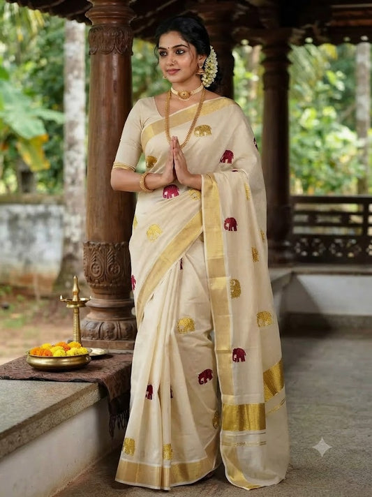 Maroon & Golden Gajah Embroidery Kasavu Tissue Saree with Running Blouse