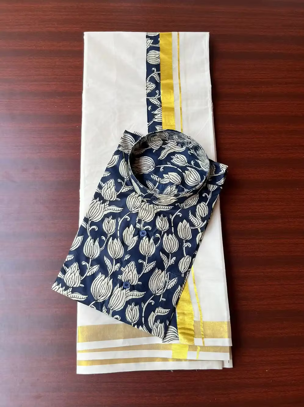 Midnight Blue Lotus Ajrak Kasavu Mundu and Shirt Combo Set