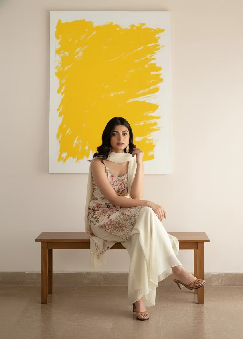 Floral Print Kasavu Kurta Set with Sequin Embroidery & Dupatta