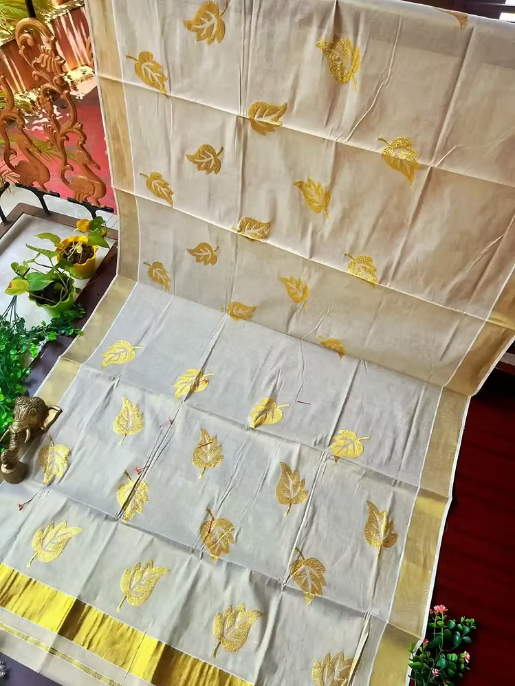 Golden Leaf Embroidery Kasavu Tissue Saree with Running Blouse