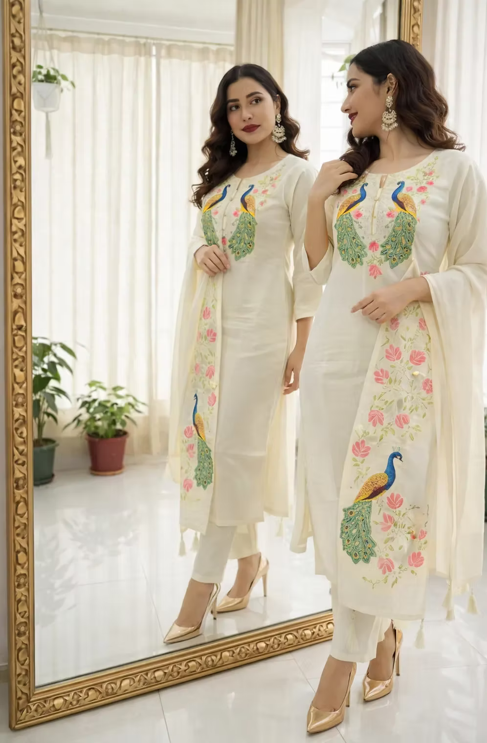 Peacock Designer Embroidery Work Tissue Kurta With Trouser & Dupatta