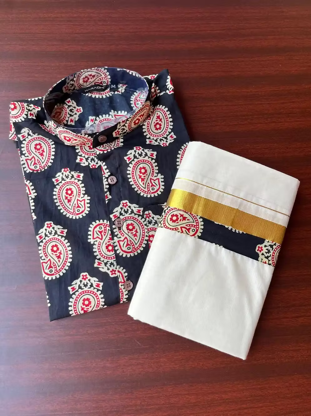 Black Mango Ajrakh Shirt and Kasavu Mundu Dhoti Combo Set