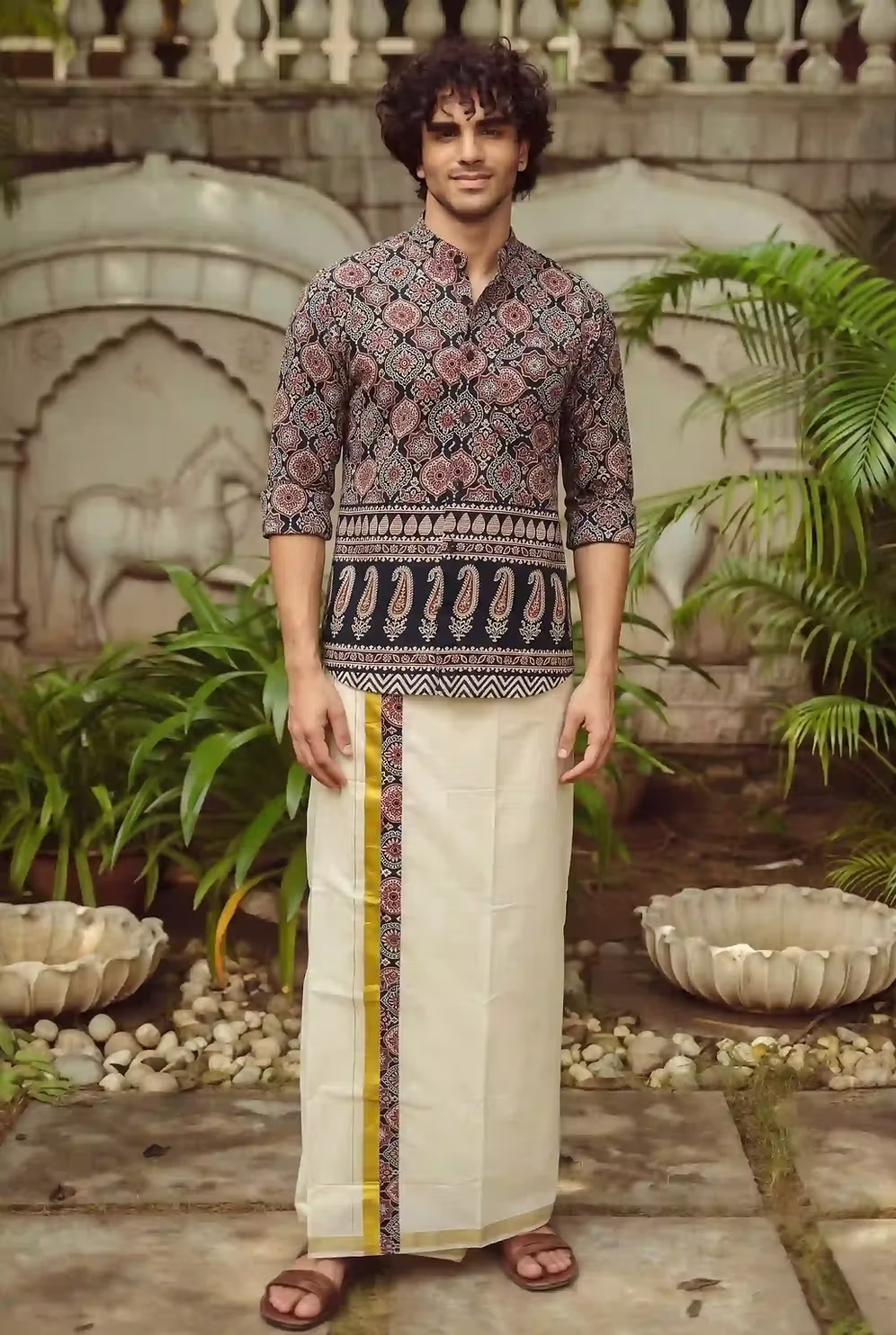 Multi Black Mango Ajrakh Shirt and Kasavu Mundu Dhoti Combo Set