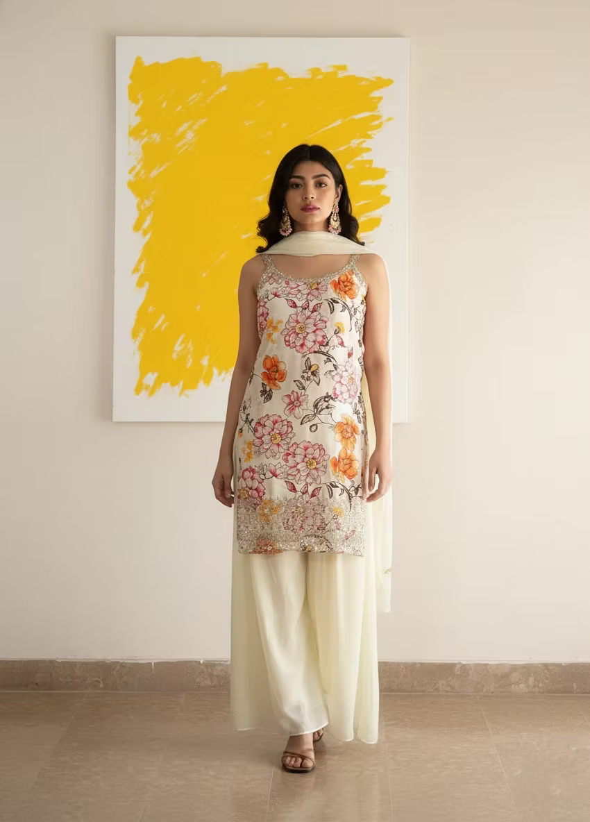 Floral Print Kasavu Kurta Set with Sequin Embroidery & Dupatta