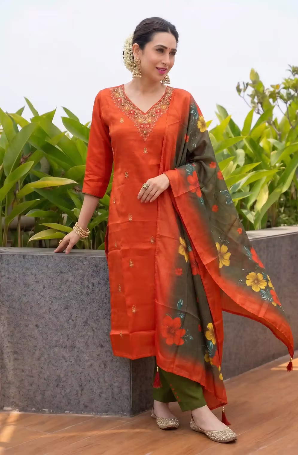 Rust Orange Premium Roman Silk Hand Work Kurta Set Stitched
