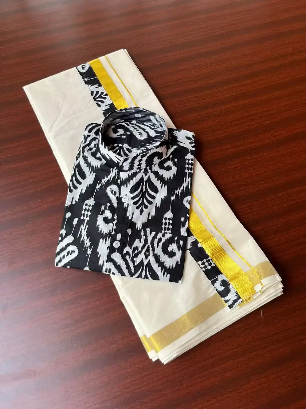 Black Ajrak Gold Kasavu Mundu and Shirt Combo Set closeup view