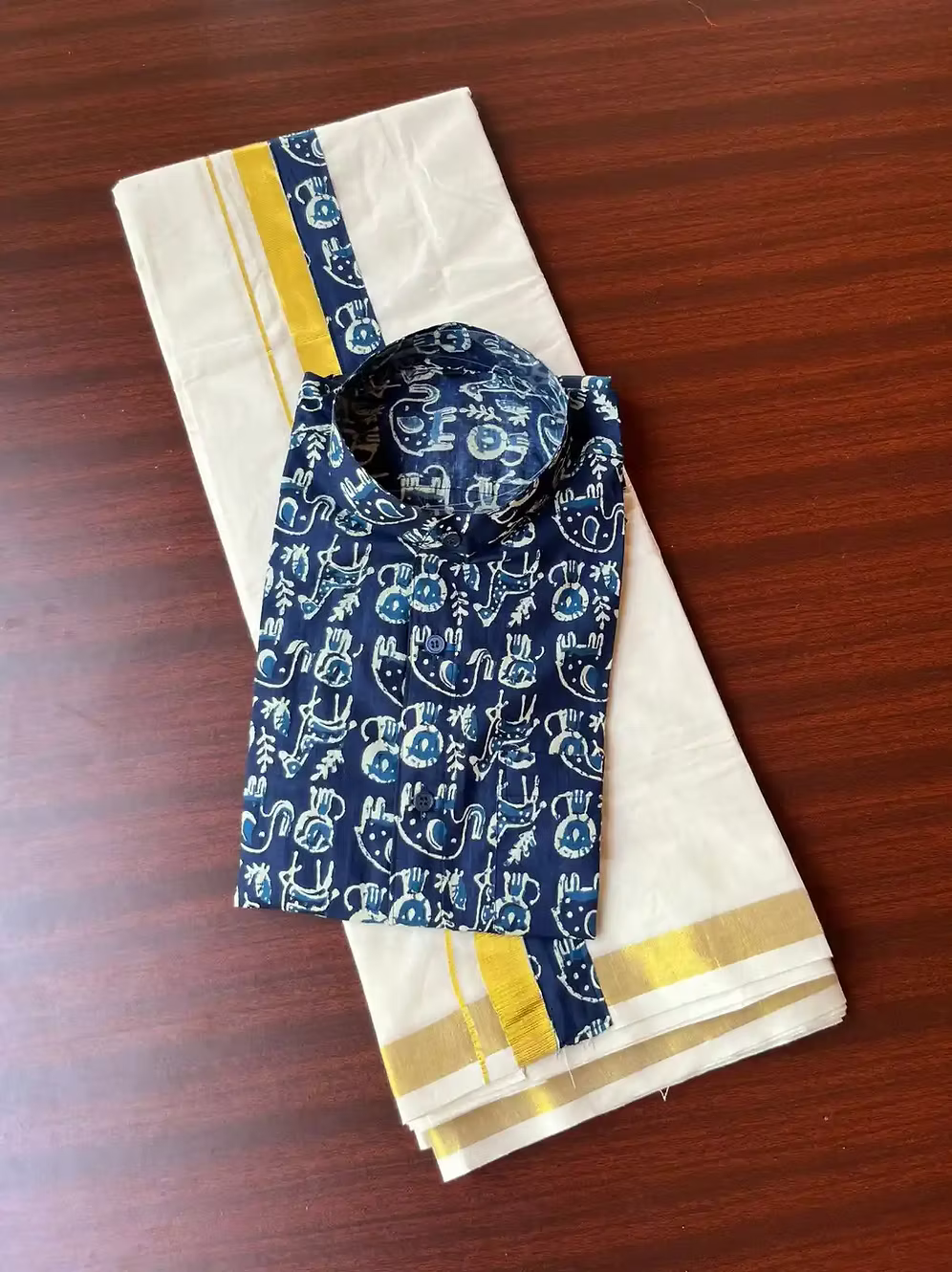 Tiere Navy Blue Ajrak Kasavu Mundu and Shirt Combo
