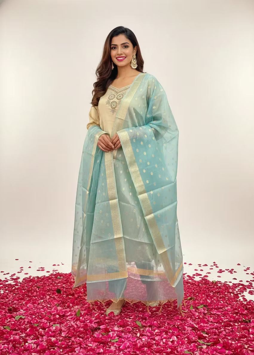 Beads Work Tissue Straight Kurta Set with Sky Blue Organza Dupatta &amp; Pants