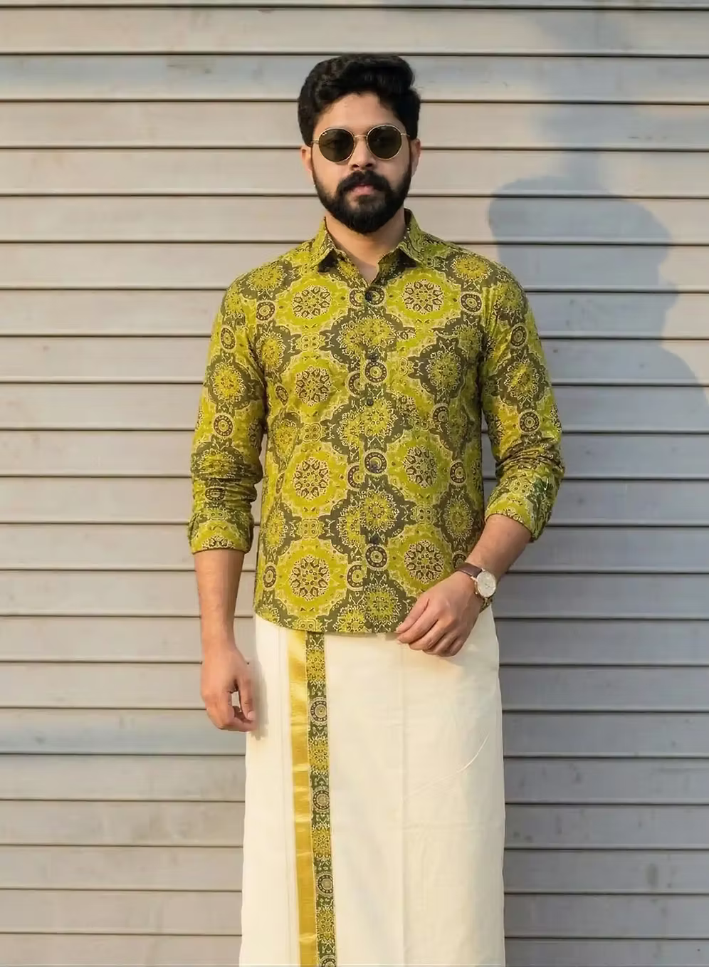 Mango Yellow and Green Ajrak Kasavu Mundu and Shirt Combo Set main view