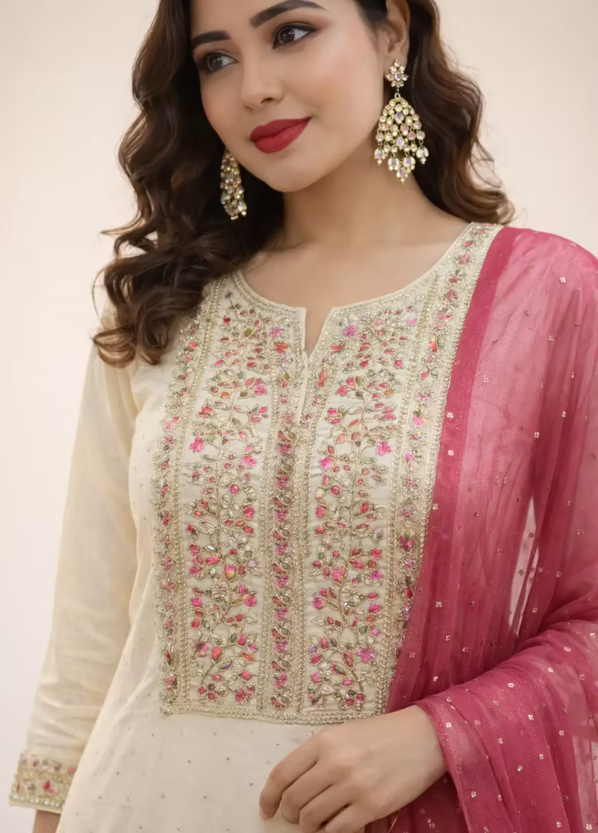 Haradhi Kasavu Straight Kurta Set with Pant and Dupatta for Women