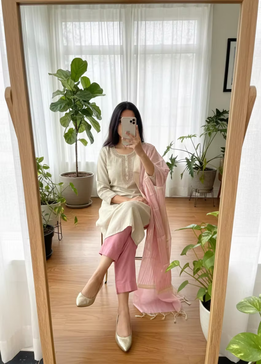Kasavu Beads Hand Work 3 Piece Kurta With Trouser & Dupatta