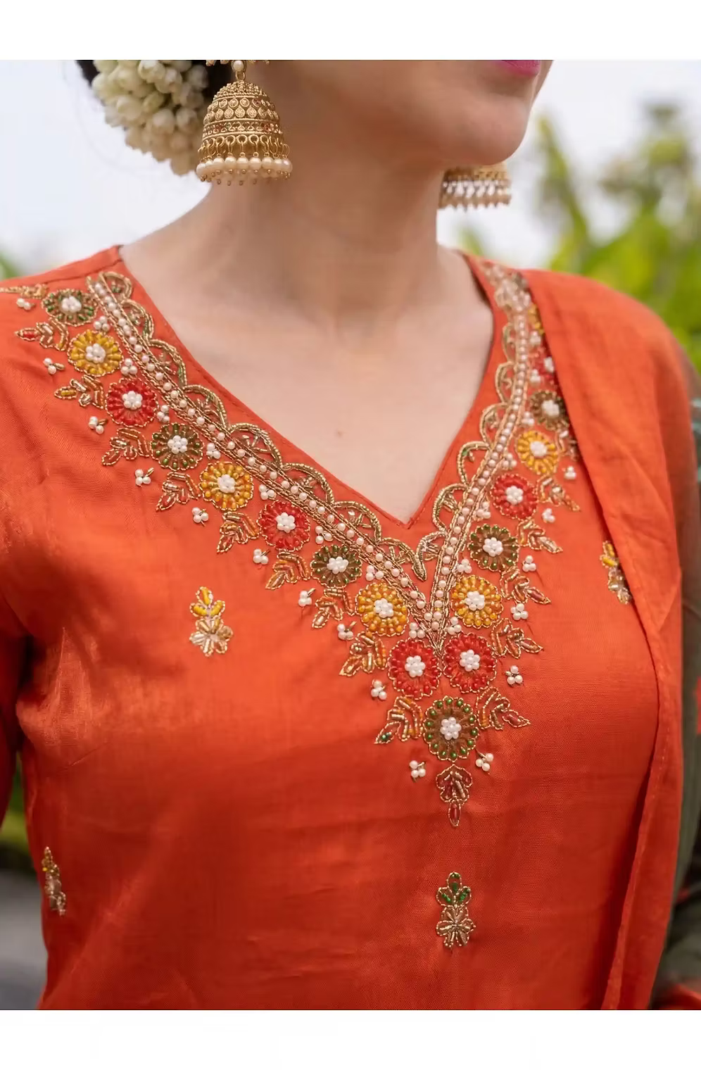 Rust Orange Premium Roman Silk Hand Work Kurta Set Stitched