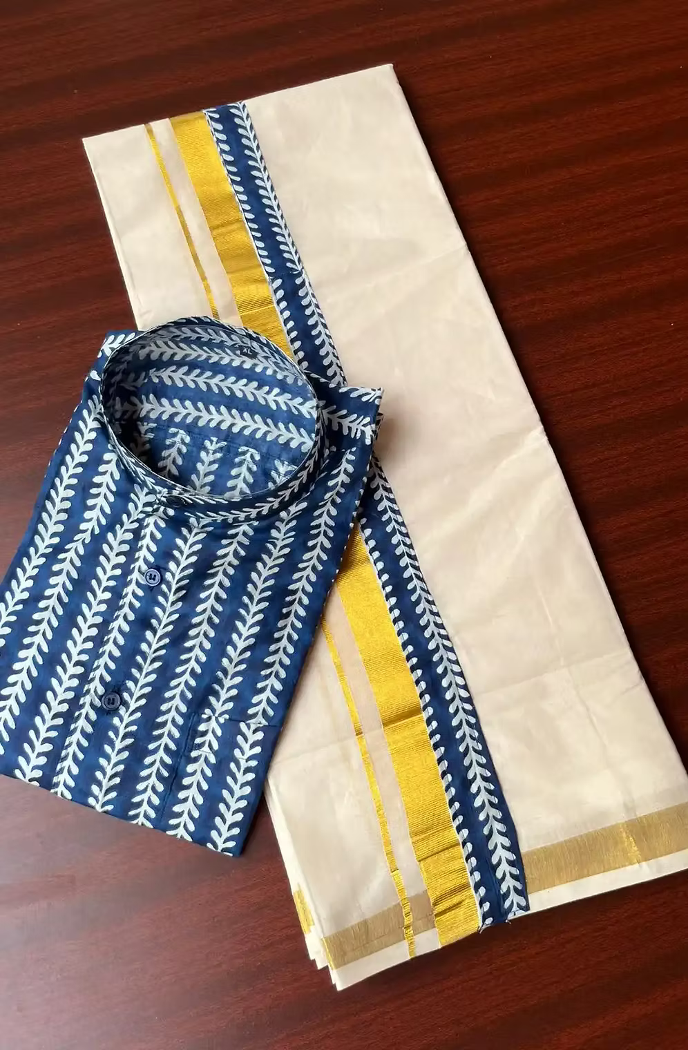 Creeper Blue Ajrak Golden Kasavu Mundu and Shirt Combo Set
