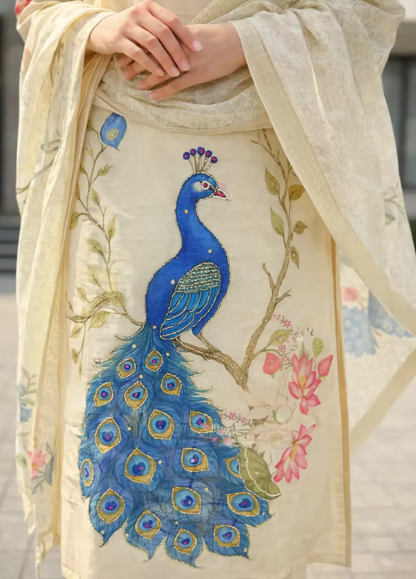 Peacock Beads Work Tissue Kurta Set with Dupatta & Pant