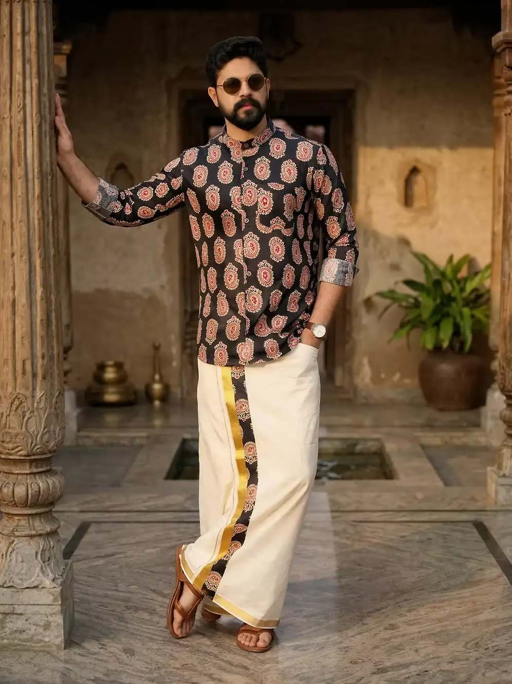 Black Mango Ajrakh Shirt and Kasavu Mundu Dhoti Combo Set