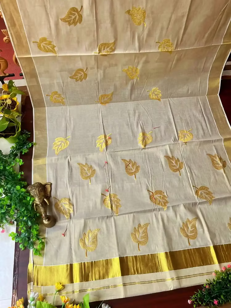 Golden Leaf Embroidery Kasavu Tissue Saree with Running Blouse