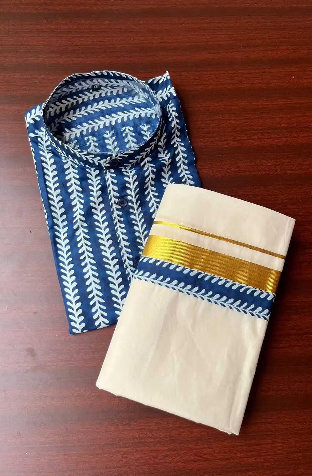 Creeper Blue Ajrak Golden Kasavu Mundu and Shirt Combo Set