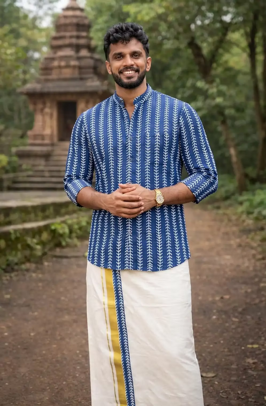 Creeper Blue Ajrak Golden Kasavu Mundu and Shirt Combo Set