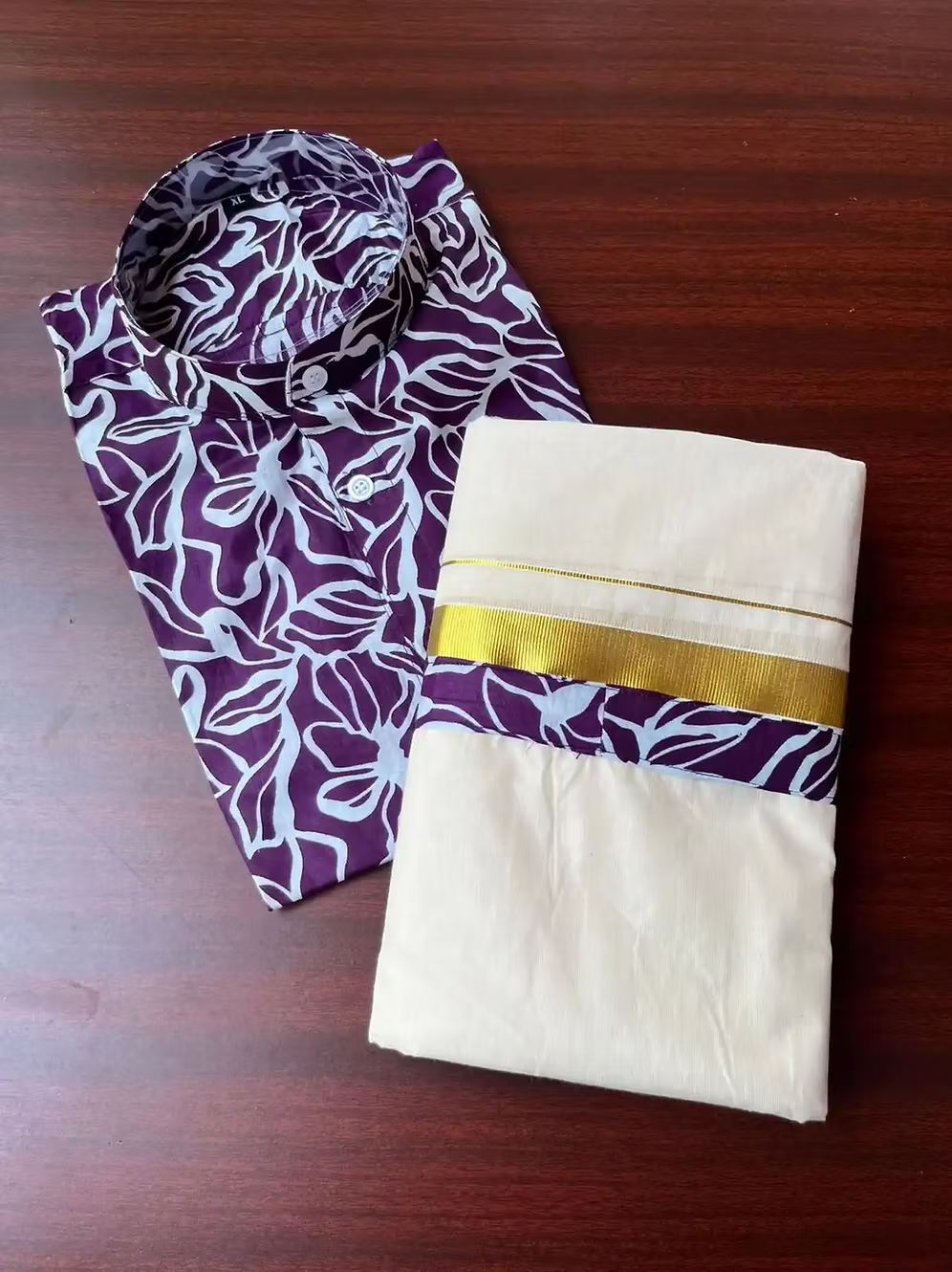 Purple Lavatera Ajrak Kasavu Mundu and Shirt Combo Set
