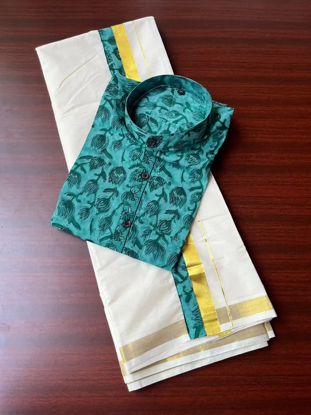 Tiffany Blue Lotus Ajrak Kasavu Mundu and Shirt Combo Set