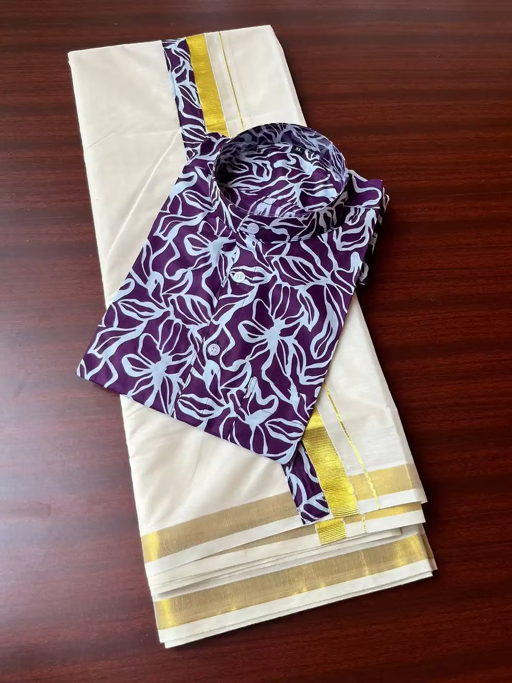 Purple Lavatera Ajrak Kasavu Mundu and Shirt Combo Set