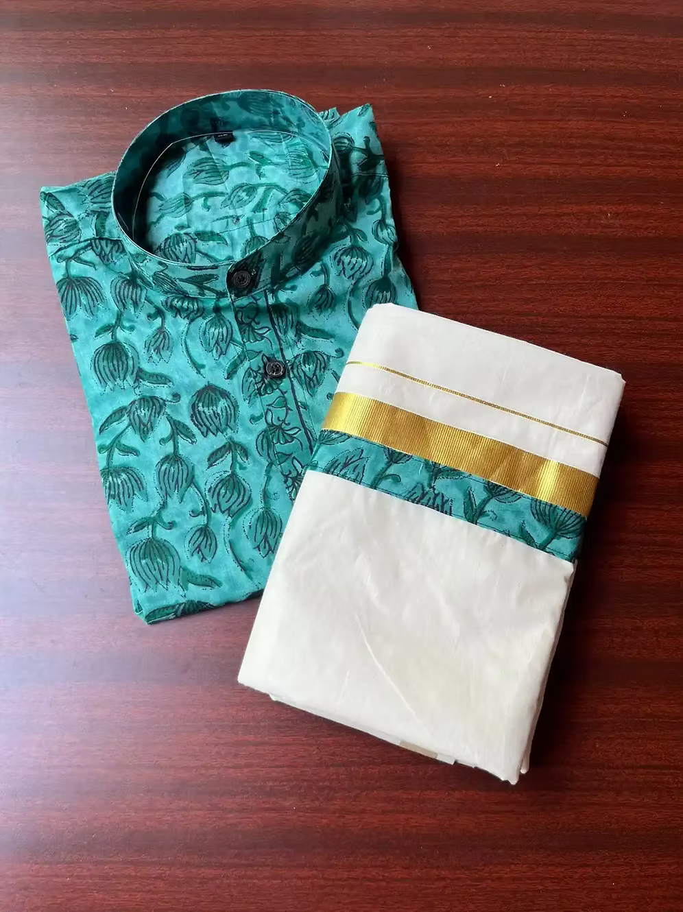 Tiffany Blue Lotus Ajrak Kasavu Mundu and Shirt Combo Set