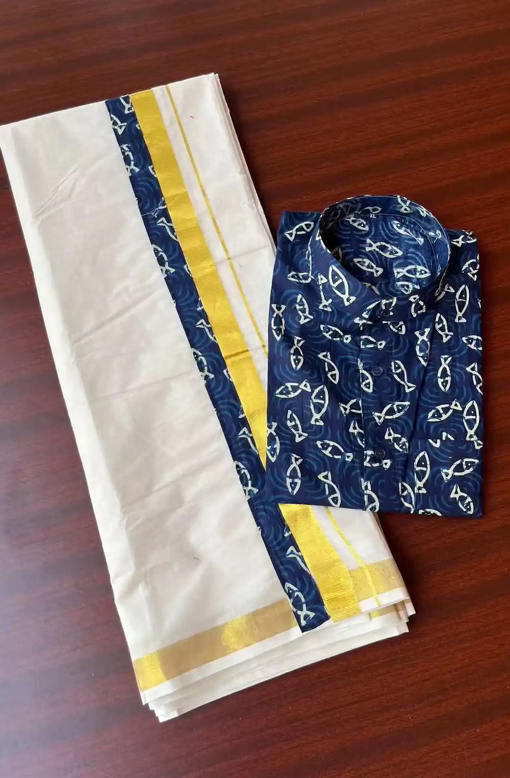 Blue Fish Ajrak Kasavu Mundu and Shirt Combo Set