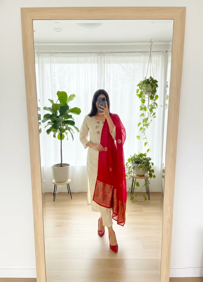 Golden Thread Work Kurta With Trouser & Dupatta