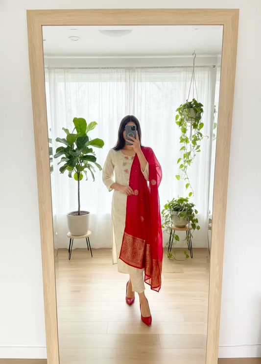 Golden Thread Work Kurta With Trouser & Dupatta