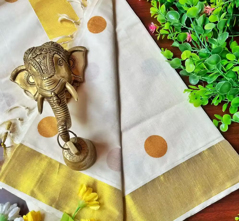 Premium Golden Polka Dot Zari Woven Tussel Kasavu Cotton Saree with Blouse
