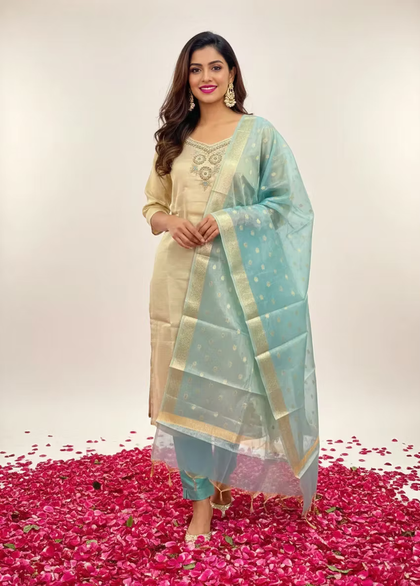 Beads Work Tissue Straight Kurta Set with Sky Blue Organza Dupatta &amp; Pants