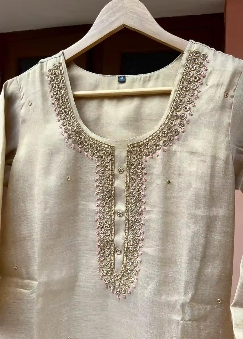 Kasavu Beads Hand Work 3 Piece Kurta With Trouser & Dupatta