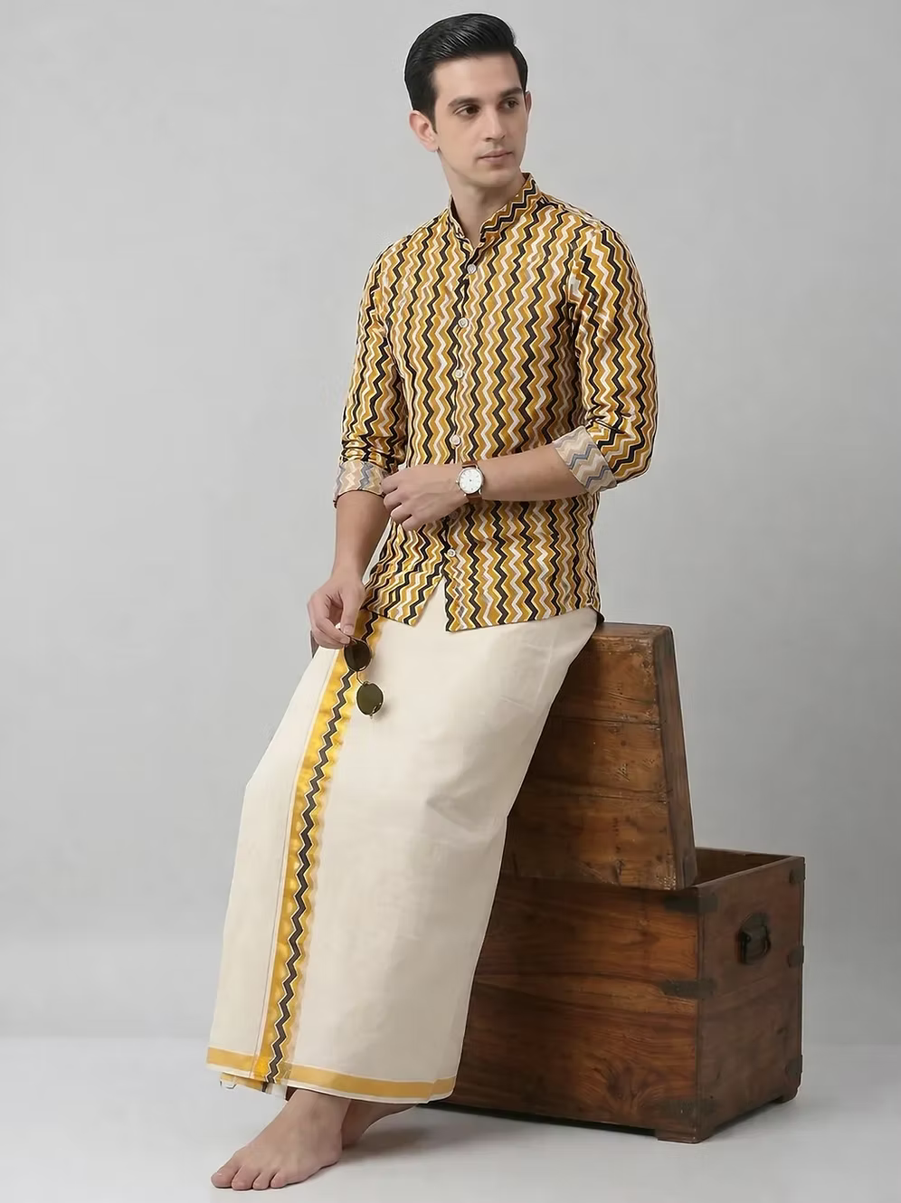 Mens Zigzag Ajrak Shirt and Kasavu Mundu Combo Set
