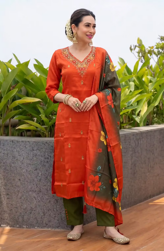 Rust Orange Premium Roman Silk Hand Work Kurta Set Stitched