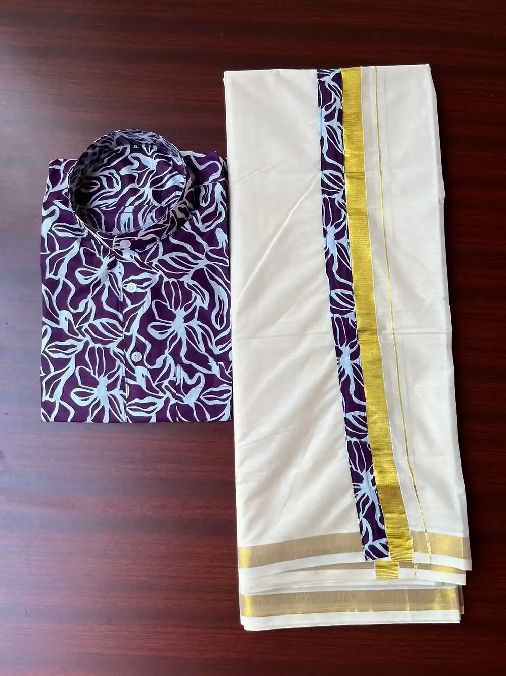 Purple Lavatera Ajrak Kasavu Mundu and Shirt Combo Set