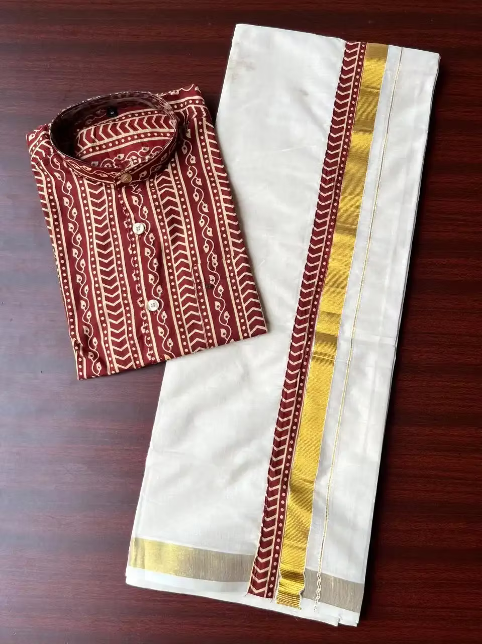 Ancient Brick Ajrak Shirt with Mandarin Collar & Kasavu Double Mundu Dhoti
