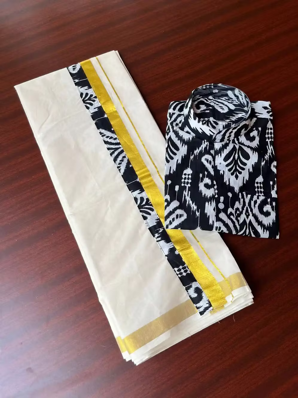 Black Ajrak Gold Kasavu Mundu and Shirt Combo Set closeup view