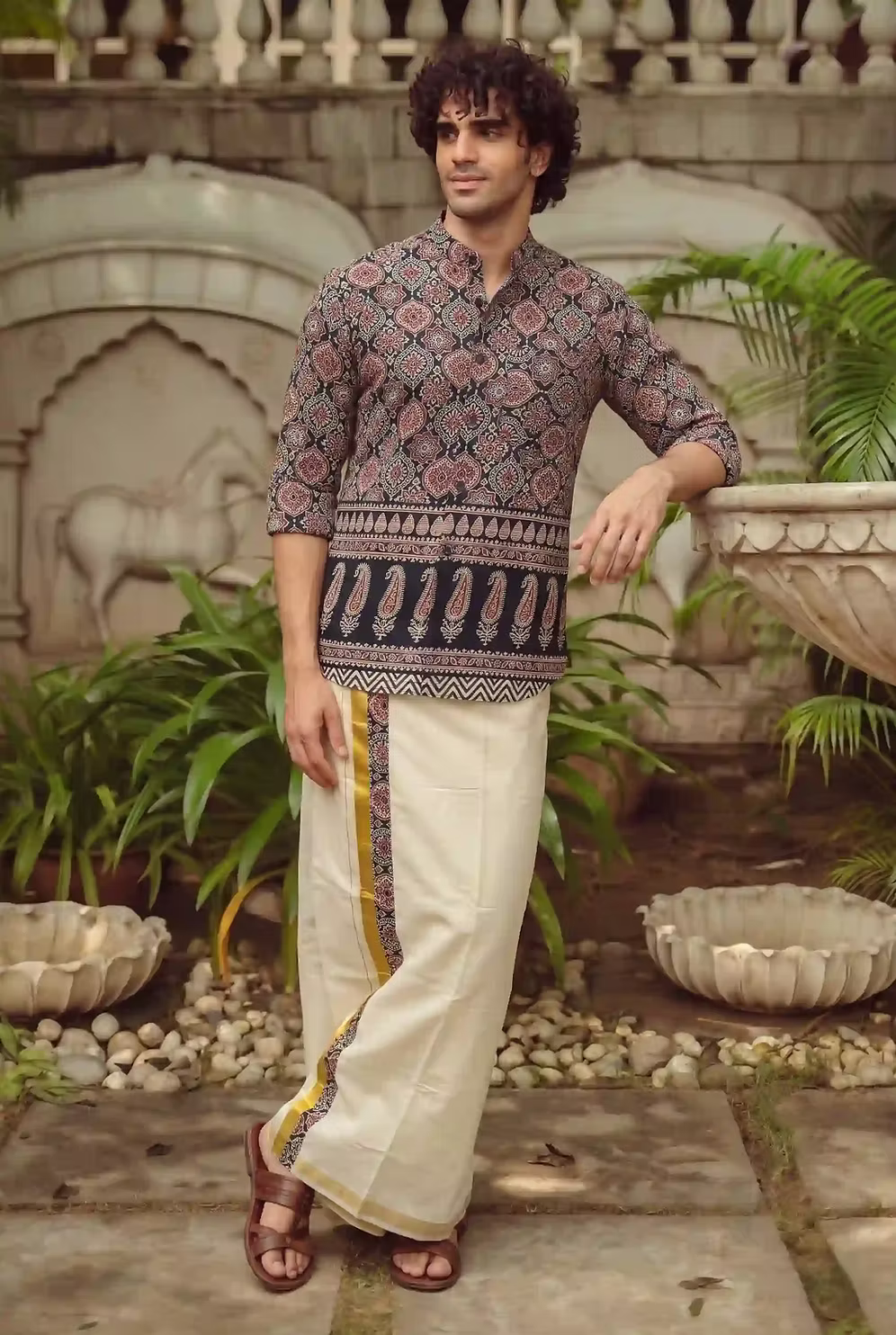 Multi Black Mango Ajrakh Shirt and Kasavu Mundu Dhoti Combo Set
