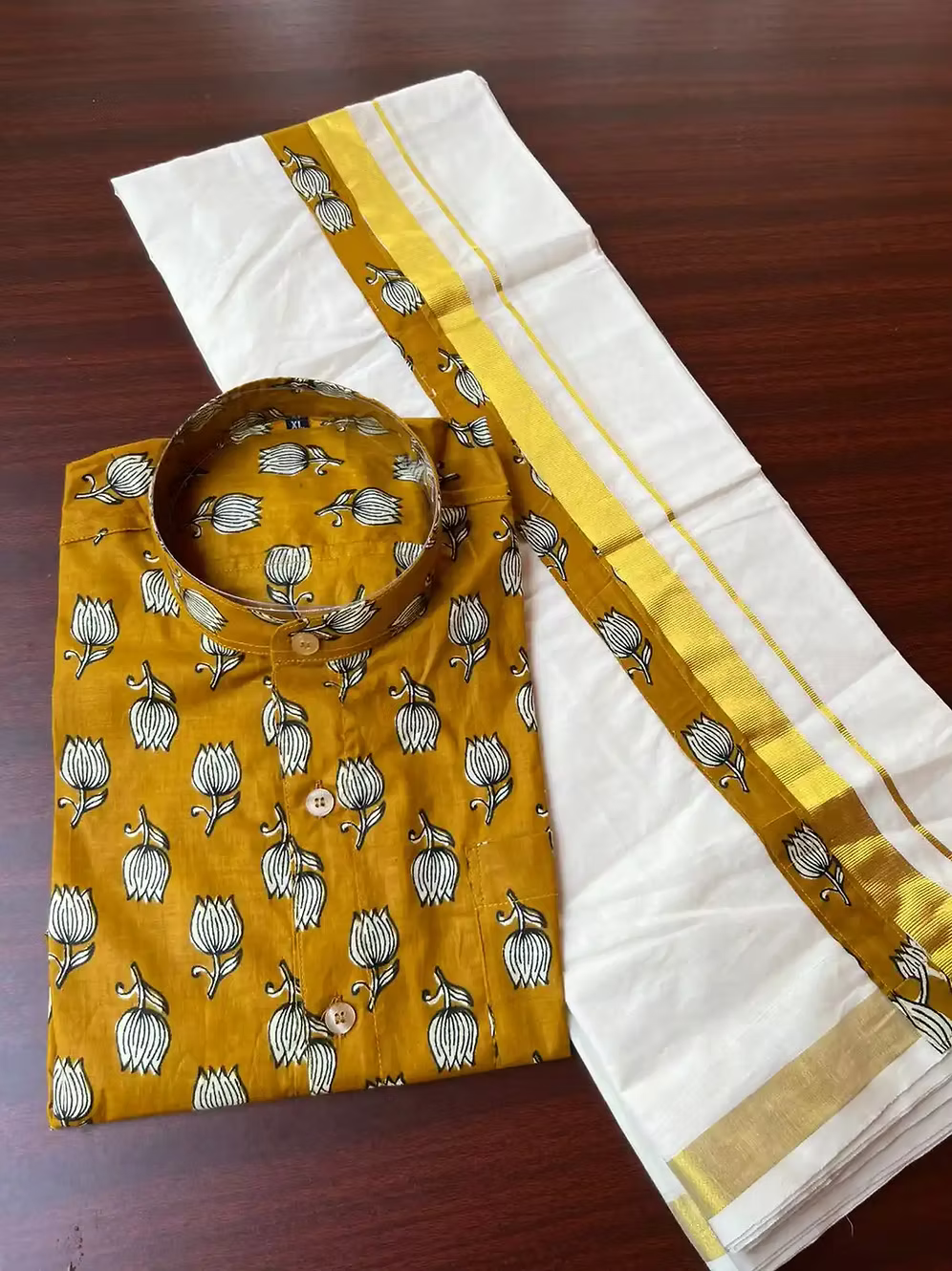 Lotus Mustard Ajrak Kasavu Mundu and Shirt Combo