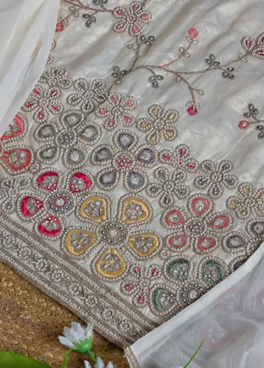 Golden Kasavu Hand Work 3 Piece Sleeveless Kurta Set with Palazzo Pant