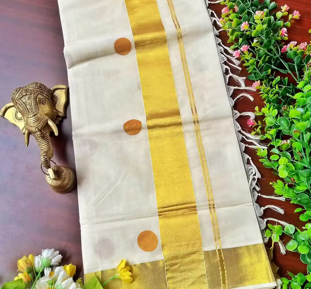 Premium Golden Polka Dot Zari Woven Tussel Kasavu Cotton Saree with Blouse
