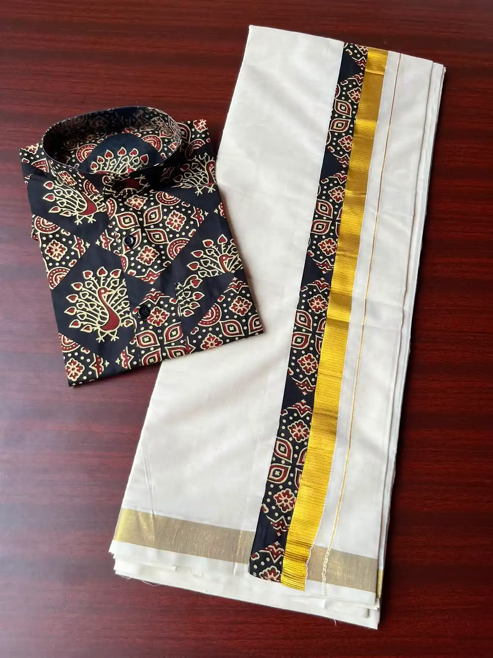 Mens Black Mayura Ajrakh Shirt with Kasavu Double Mundu Dhoti Combo