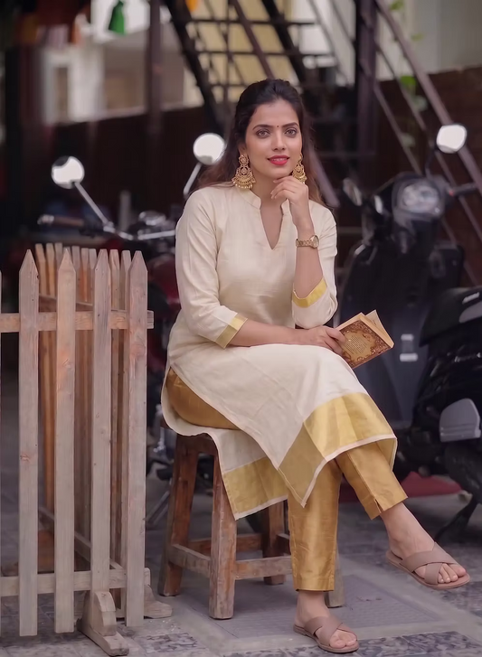 Golden Kasavu Tissue Kurti