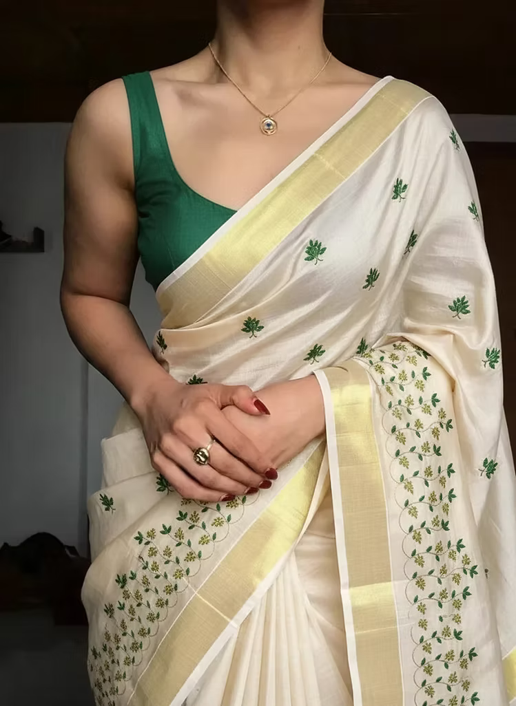 Green Grape Embroidery Kerala Tissue Saree