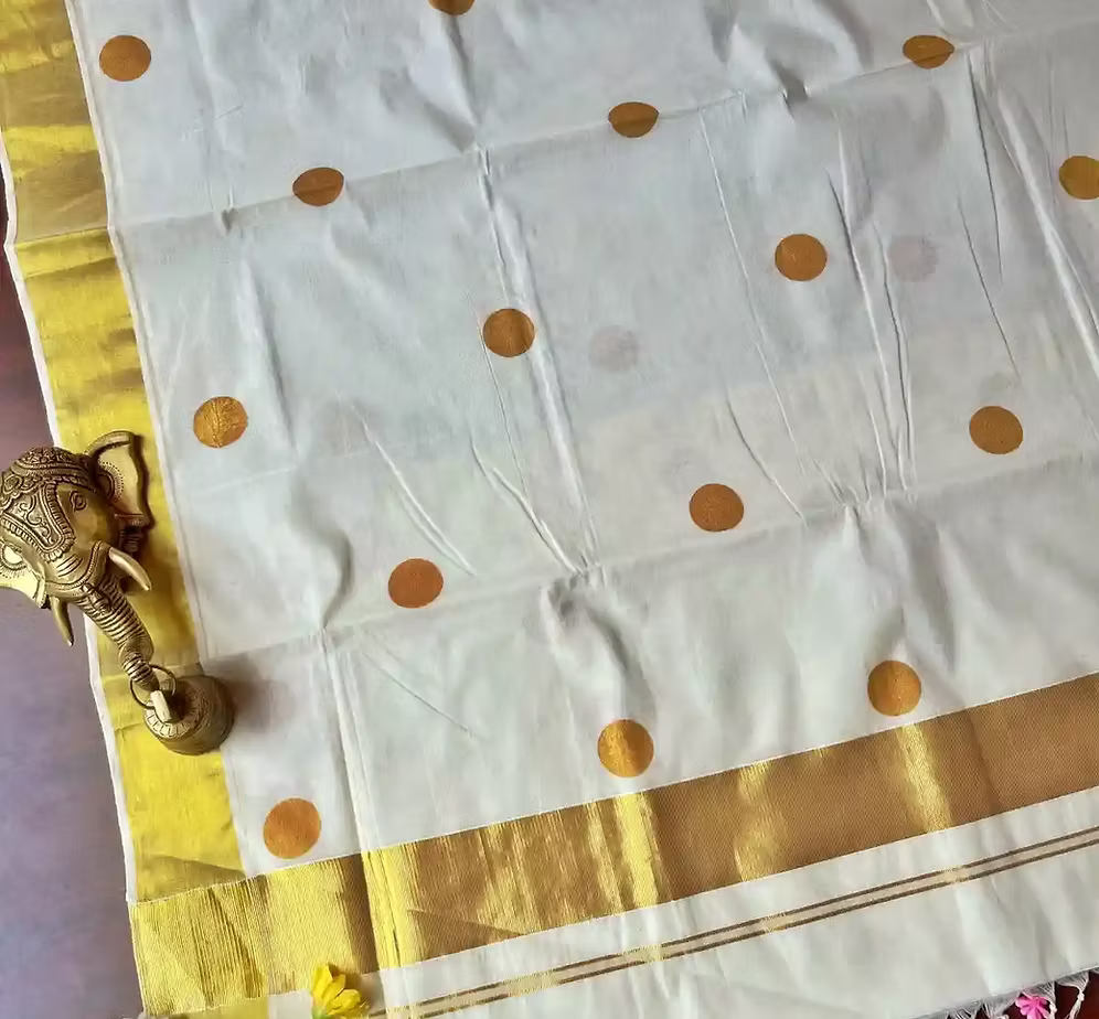 Premium Golden Polka Dot Zari Woven Tussel Kasavu Cotton Saree with Blouse