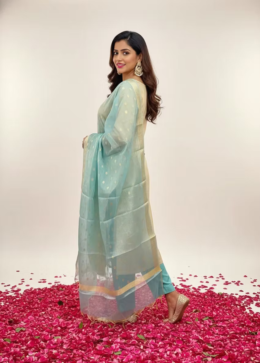 Beads Work Tissue Straight Kurta Set with Sky Blue Organza Dupatta &amp; Pants