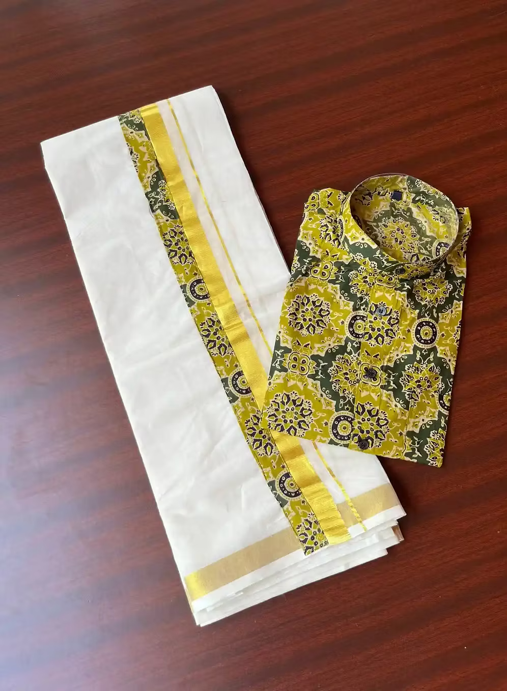 Mango Yellow and Green Ajrak Kasavu Mundu and Shirt Combo Set main view