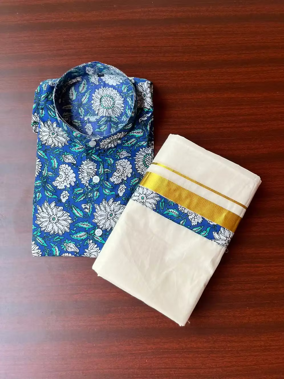 Dahlia Blue Ajrak Kasavu Mundu and Shirt Combo Set