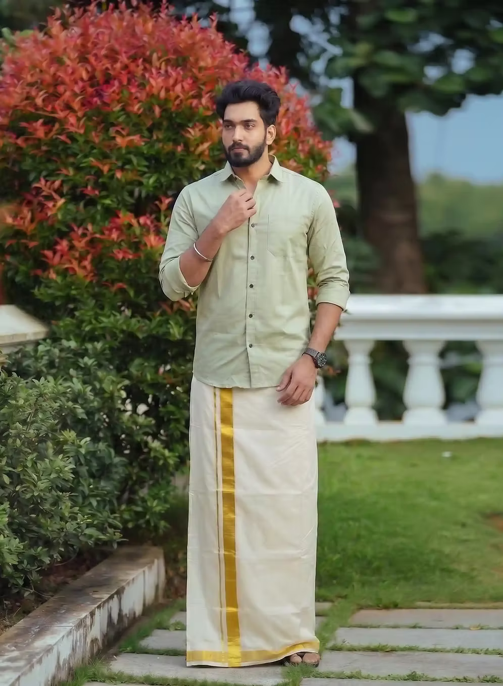 Sage Green Shirt and Kasavu Mundu Dhoti Combo Set