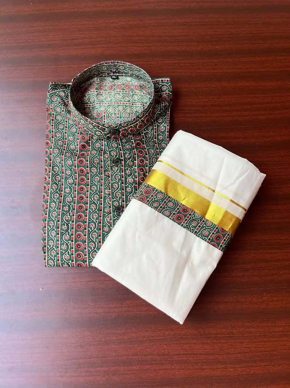 Creeper Ajrak Kasavu Mundu and Shirt Combo Set